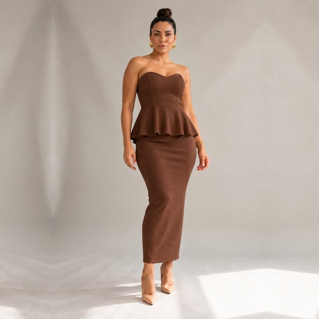 Conjunto Feminino Cropped Peplum Decote Coração Saia Longa Lápis Fenda Canelado Elegante Verão 2026