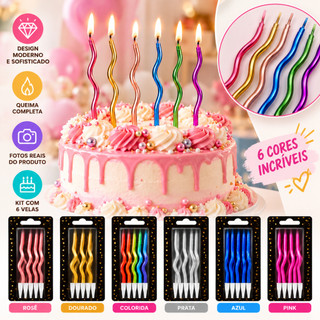 Kit 6/12 Velas Espiral de Aniversário Curvas Parafina Luxo para Bolo Decoração Festa Casamento