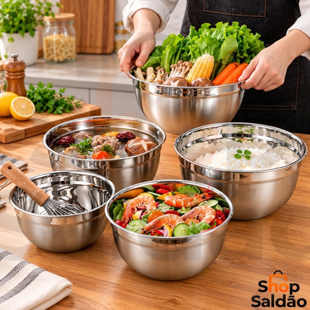 Kit 5 Tigela Bowl Jogo de Bacia de Inox Conjunto de Tigelas Grande para Cozinha — imagem 2 de 2