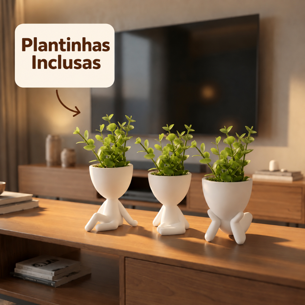 Kit 3 Mini Vasos Decorativos Branco com Plantinhas Artificiais