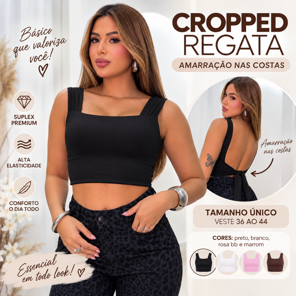 Cropped Feminino Regata Preto Suplex Premium Amarração nas Costas Tamanho Único 36 ao 44 Moda Blogueira Casual Verão Top
