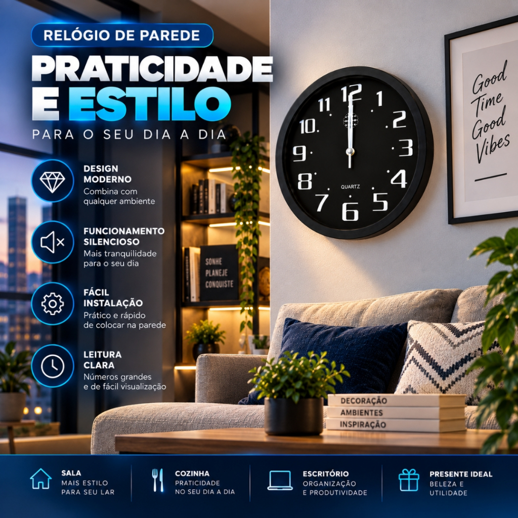 Relógio de Parede Cozinha Silencioso Moderno Decorativo Quarto Sala Escritório Preto ou Branco