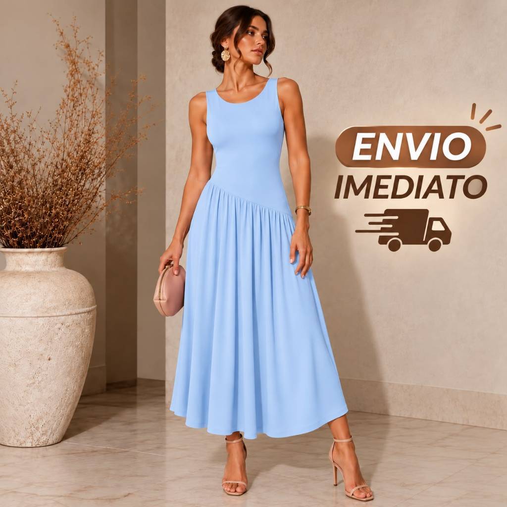 Vestido Midi Feminino Elegante Assimetrico Confortavel Microfibra