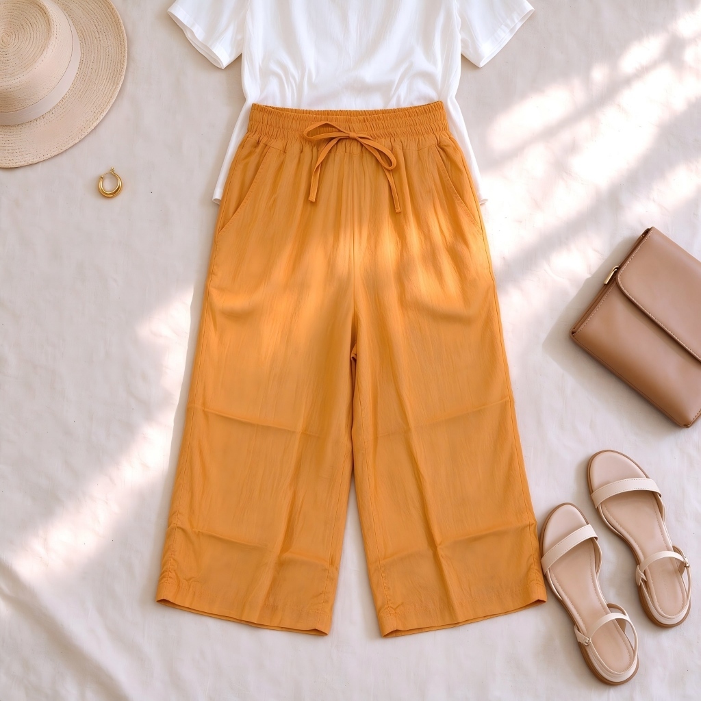 Calça Pantacourt Feminina Viscolinho Confortável Cintura Elástica Com Cordão Bolsos Laterais Calça Culotte Solta