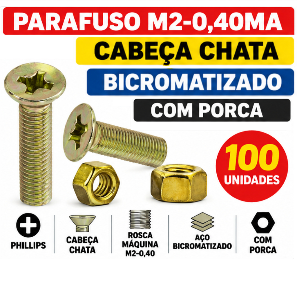 Parafuso Cabeça Chata M2-0.40MA com Porca Bicromatizado Rosca Máquina M2 – Pacote 100 Unidades | Fixação Eletronica