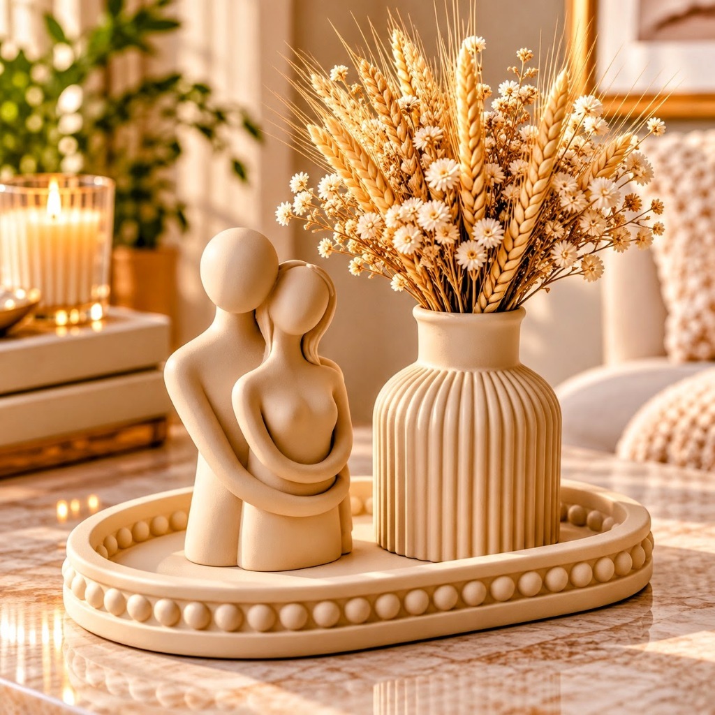Kit Decorativo Amor & Minimalismo – Escultura Casal com Vaso e Bandeja
