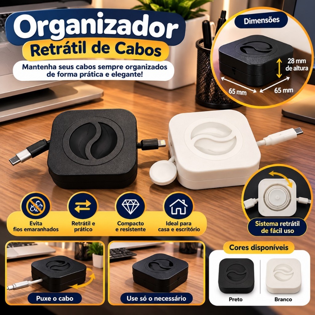 Organizador Retrátil de Cabos 65x65x28mm para Mesa Escritório Home Office Porta Fios Compacto