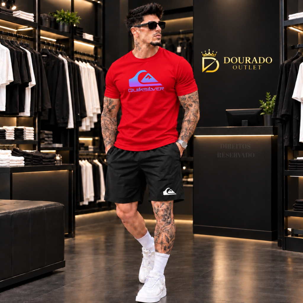 Kit Camiseta Masculino Quiksilver Degrade 100% Algodão 30,1 Camiseta e Short Tectel Com Elastano