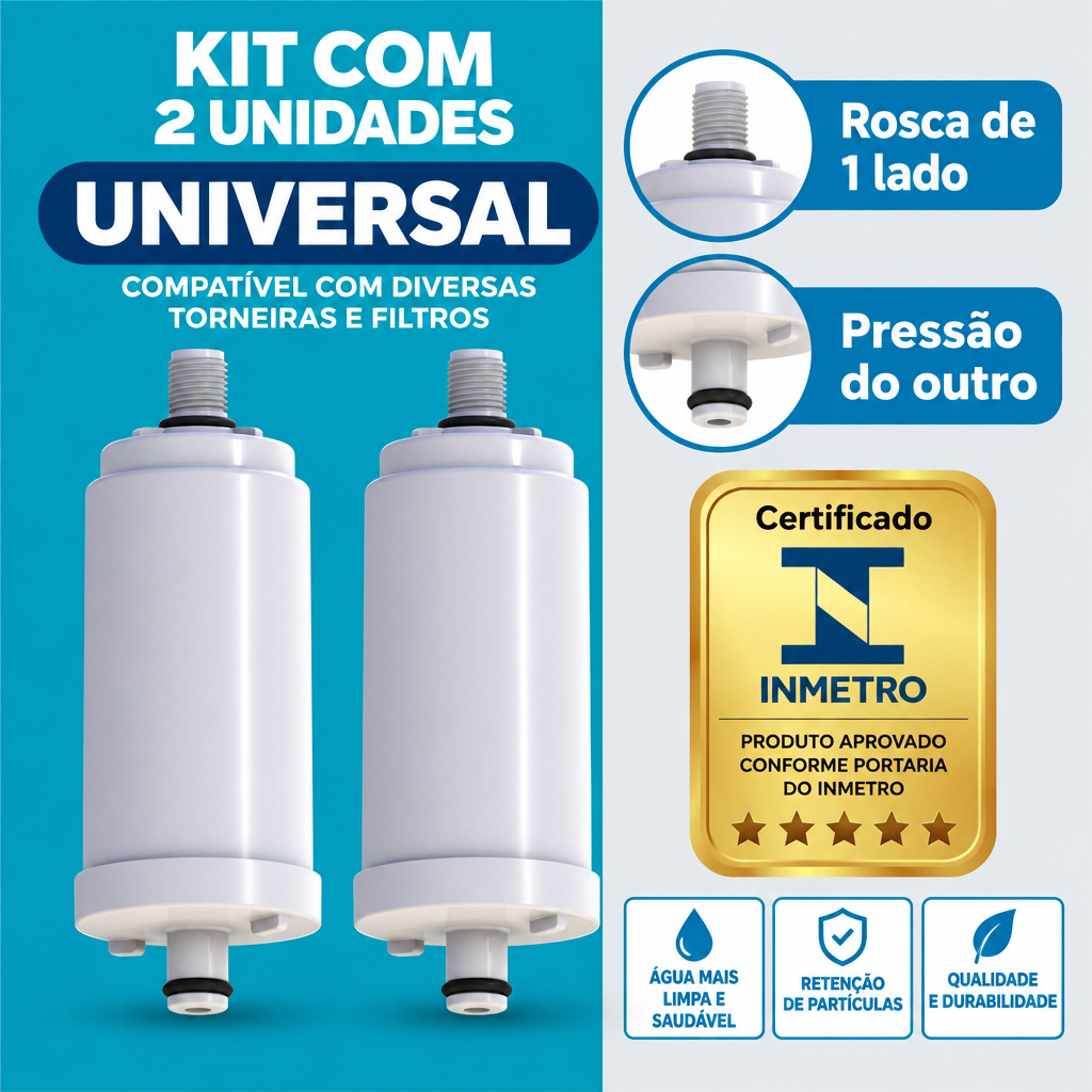 Refil Vela Universal Filtro Torneira Carvão Ativado Kit 2 Unidades Purificador Água Reduz Cloro Impurezas Injet Plast