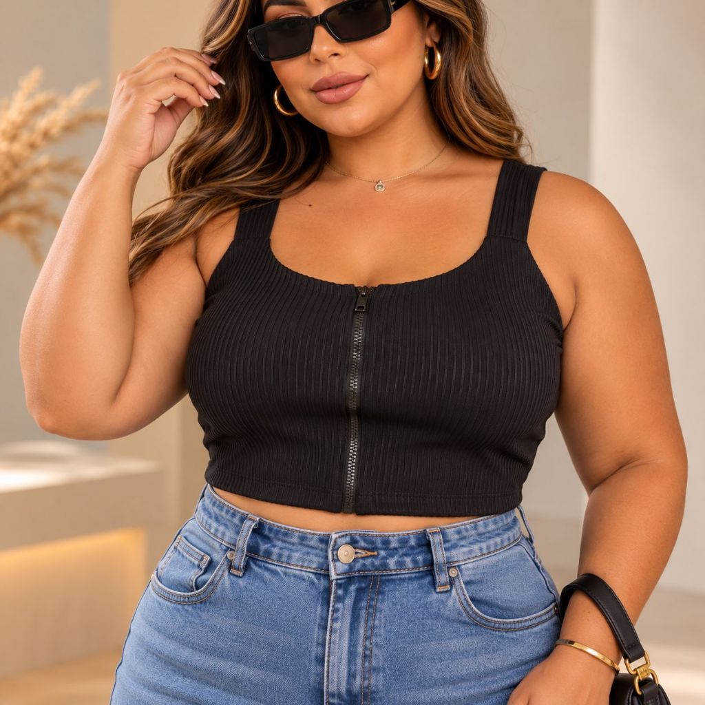 Cropped Feminino Plus Size Canelado 3D com Zíper Frontal e Alças G ao G3- Line
