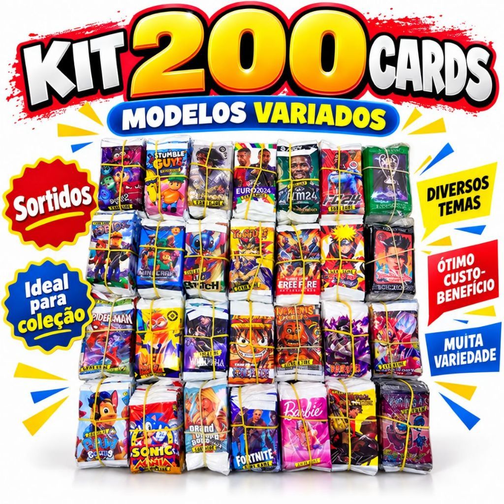 Kit 200 Cards Figurinhas Com 50 Pacotinhos Modelo Variado Para Bater Bafo Trocar Cartas