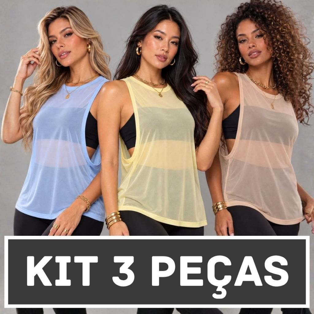Kit 3 Blusas Regata Feminina Tule Moda Fitness Academia Colete Treino Tendência