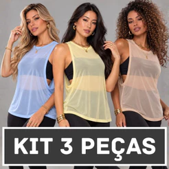 Kit 3 Blusas Regata Feminina Tule Moda Fitness Academia Colete Treino Tendência