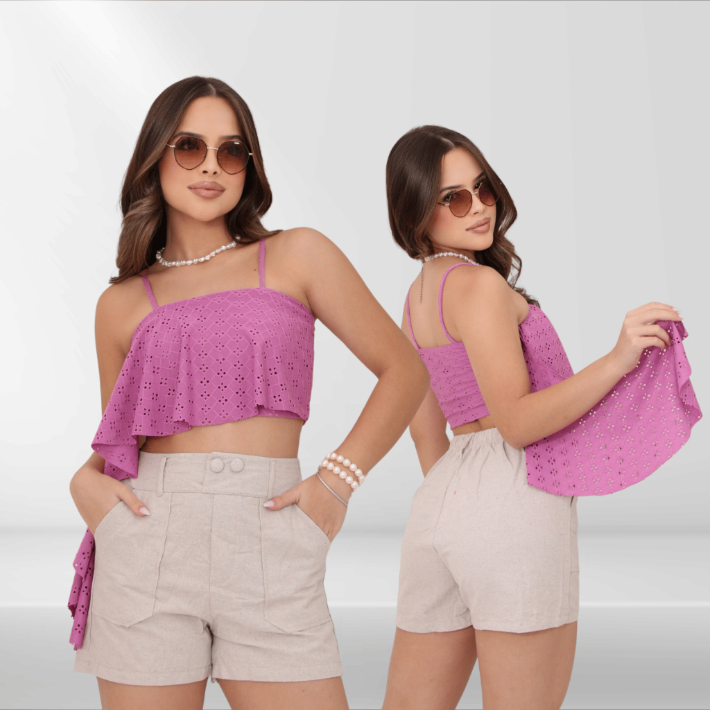 Cropped Blusa Regata Top Juvenil Assimétrico Forro Duplo com Babado Blogueirinha Verão Adolescente Colorido
