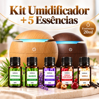 Kit Umidificador Aromatizador Difusor de Ambientes Ultrassônico + 3/5 Essências 20ml