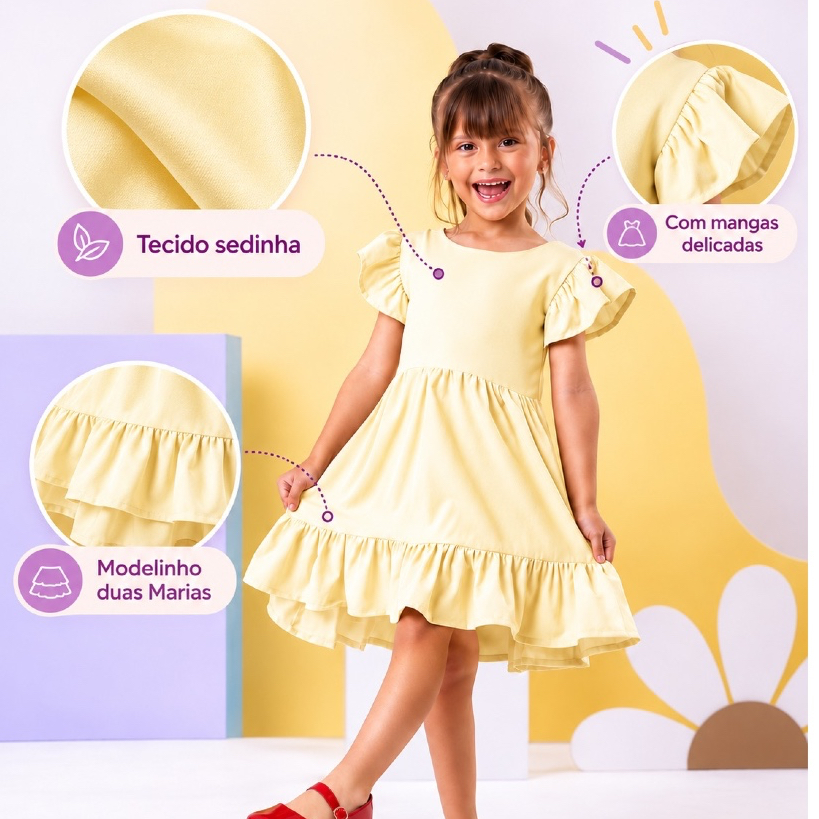 Vestido Infantil Menina Rodado em Sedinha Liso ou Estampado 4 a 12 Anos Festa e Passeio