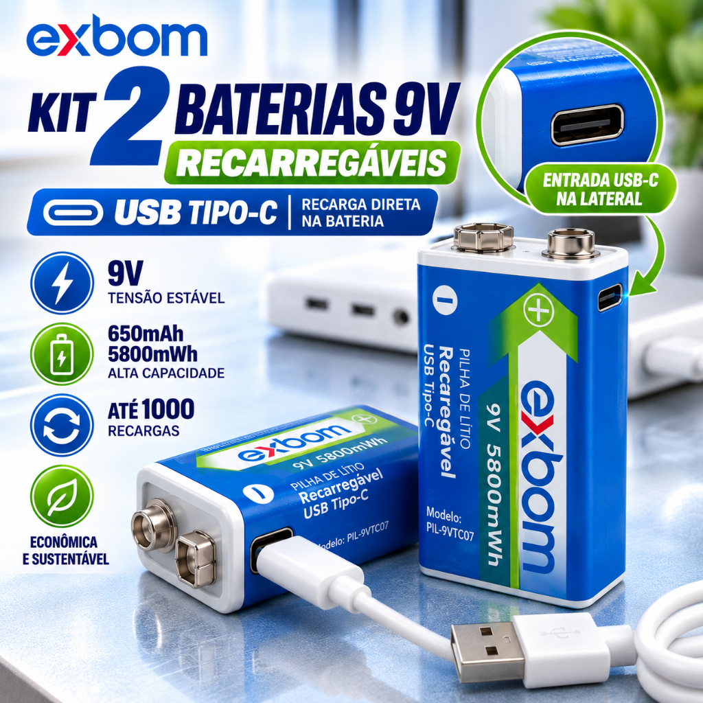 Kit 2 Baterias 9v Recarregáveis Lítio Usb-c Exbom Multimetro Amperimetro Microfone S/ Fio Brinquedo 5800mWh 650mAh Pilha
