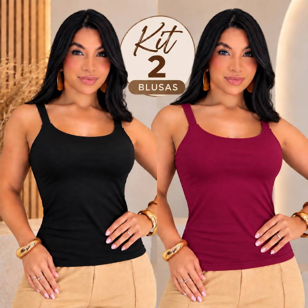 Kit 2 Regatas Femininas Poliamida Frente Dupla Alça Fina Toque Gelado Não Transparente  ou