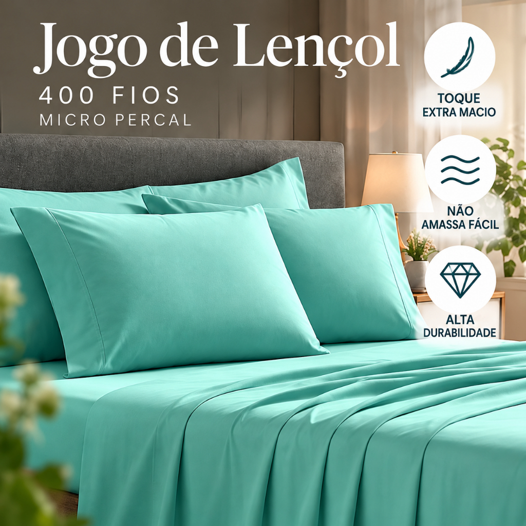 Jogo de Lençol 400 Fios Micropercal Vários Tamanhos Extra Macio