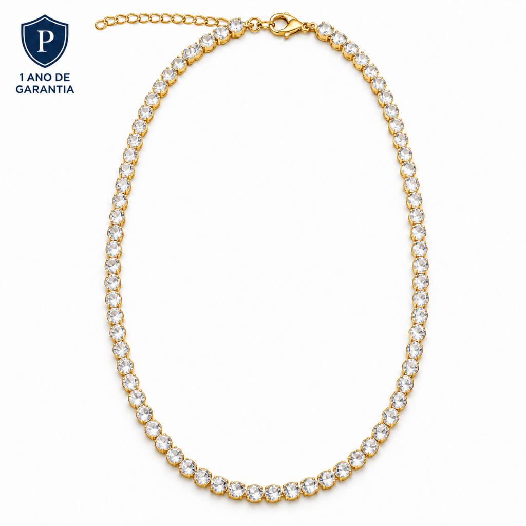 Colar Riviera Feminino com Zircônias 37cm + 8cm Extensor Folheado a Ouro ou Prata Dupla Camada de