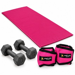 Kit Academia com Colchonete 90x40x3cm, Halteres Sextavados 3kg e Caneleiras 3kg para Treino de Força em Casa