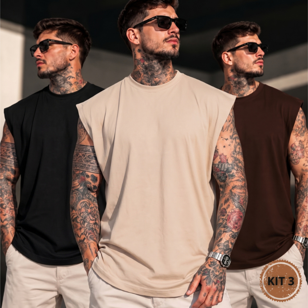 Kit 3 Regata Masculina Machão Oversized Academia Treino Fitness Lisa 100% Algodão Premium