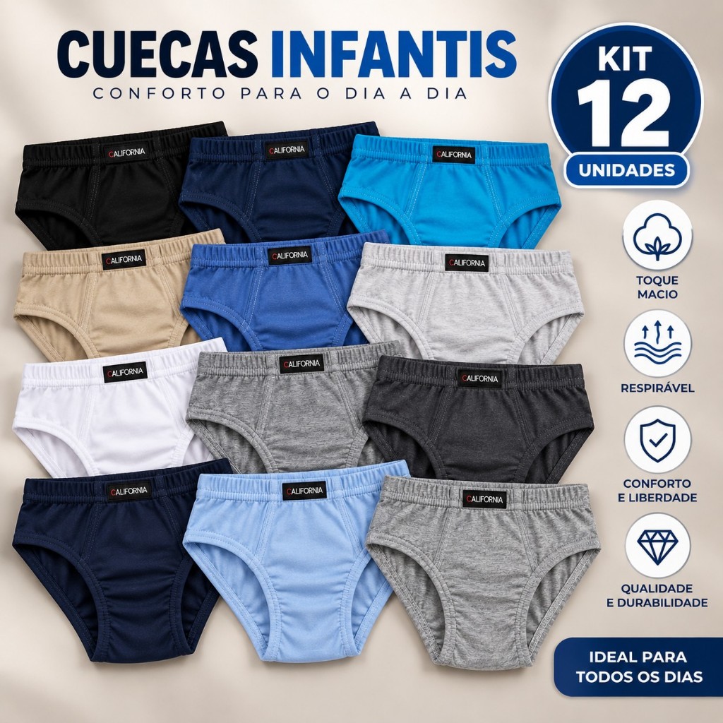 Kit 12 Cuecas Infantis Menino Algodão Slip Confortável Cores Sortidas Dia a Dia