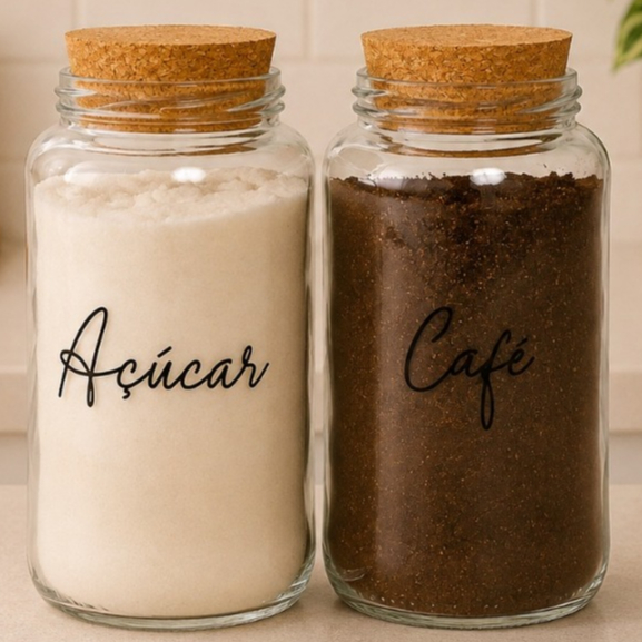 2 Potes de Vidro Açucar e Café 830 ml | Pote Hermético com adesivo Opcional | Cantinho do Café