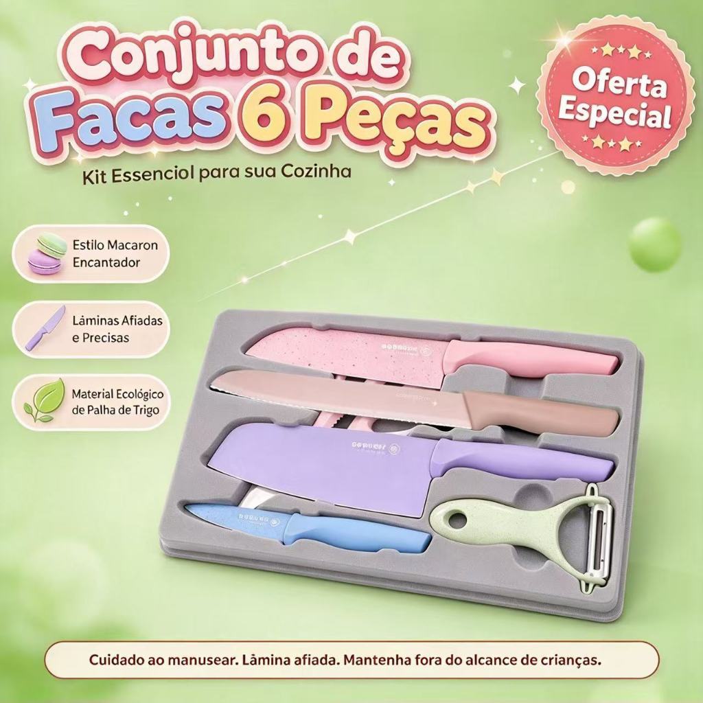 Conjunto de Facas de Cozinha com 6 Peças Estilo Macaron Palha de Trigo Revestimento Antiaderente