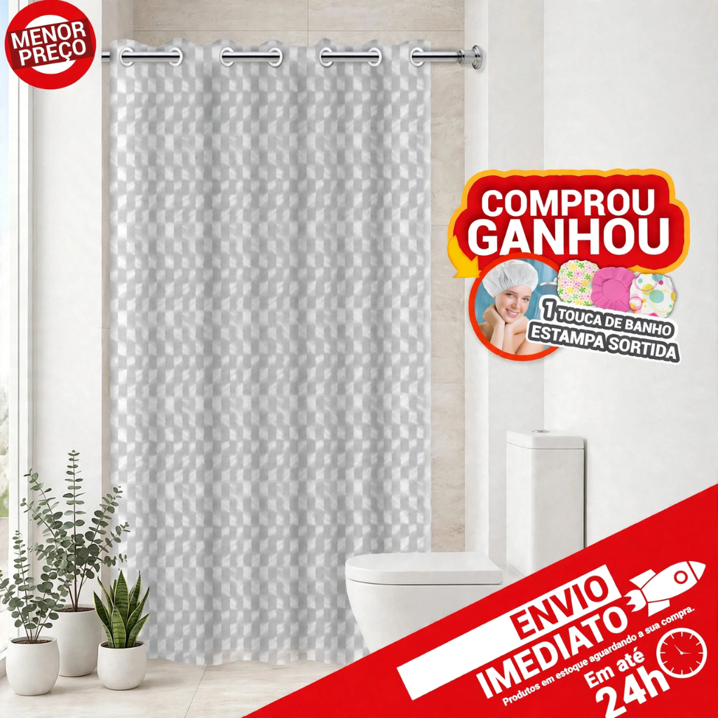 Cortina de Box Banheiro Estampada 3D Translúcida C/ Ilhós 100% PVC Impermeável Antimofo Durável Grossa Resistente