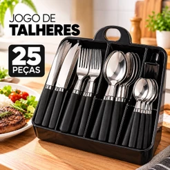 Jogo de Talheres 25 Peças Aço Inox com Suporte Organizador Garfo Faca Colher Cabo Preto Cozinha