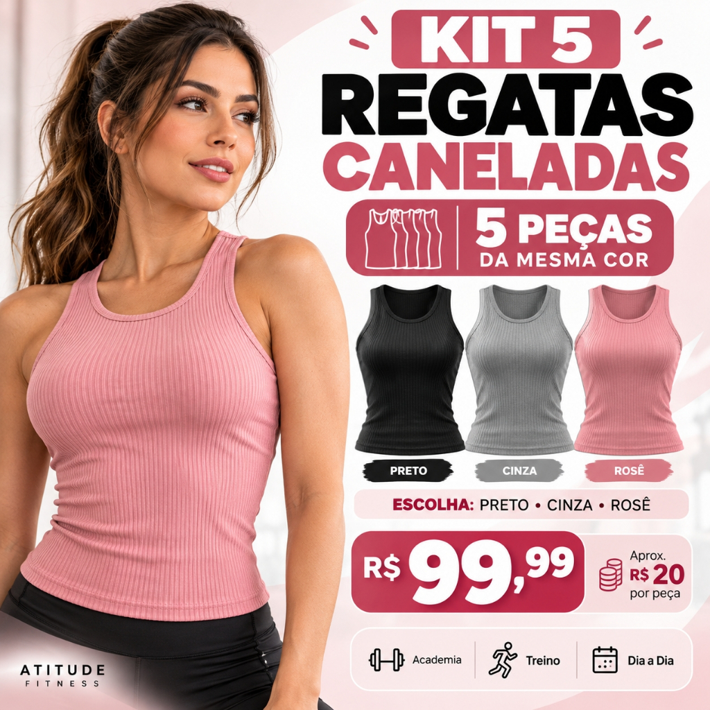 Kit 5 Regatas Caneladas Femininas Básicas Roupa de Academia Fitness Lisa