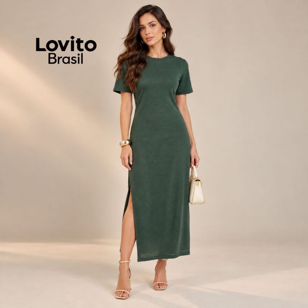 Lovito Vestido Feminino Mangas Curtas Malha Tricot DRB16781708