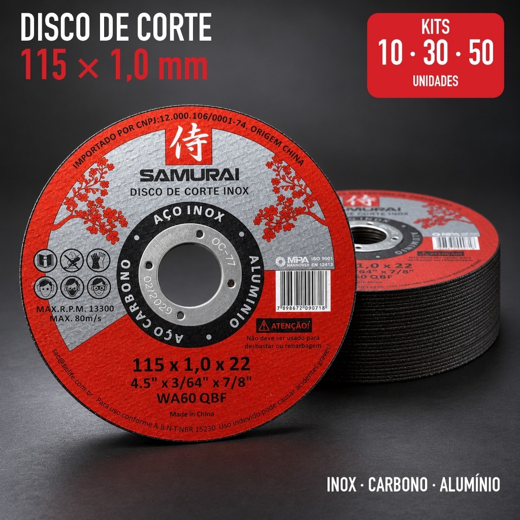 Kits 10 a 50 Discos de Corte Fino Inox Aço Ferro Metal 115mm 4.1/2 x 1,0mm Esmerilhadeira Samurai
