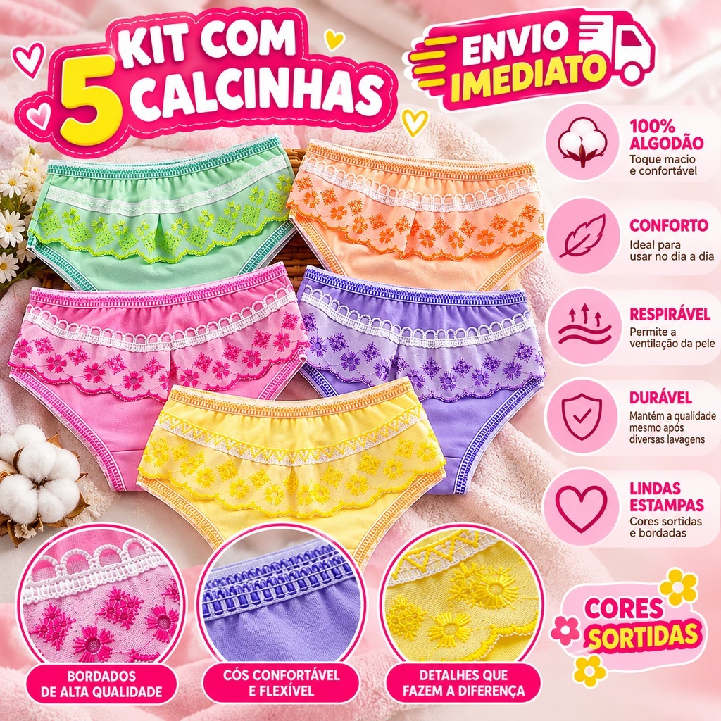 Kit 5 Calcinhas Infantis Menina 100% Algodão Bordadas-Cores Sortidas Confortáveis