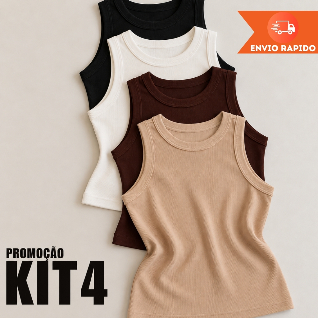 KIT 4 Regata Feminina Ribana Básicas Estilosa Alça Grossa Casual Canelada Baby Tee Moda Verão
