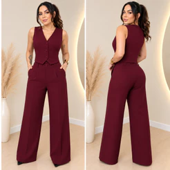 Conjunto Feminino Alfaiataria Premium | Calça Pantalona e Colete | Elegante | Zero Transparência Botões Forrados