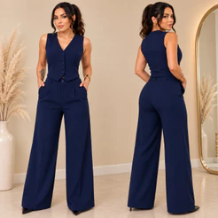 Conjunto Feminino Alfaiataria Premium | Calça Pantalona e Colete | Elegante | Zero Transparência Botões Forrados