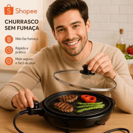 Grill Elétrico Redondo Premium 220V com Termostato Ajustável Antiaderente 1200W Preto