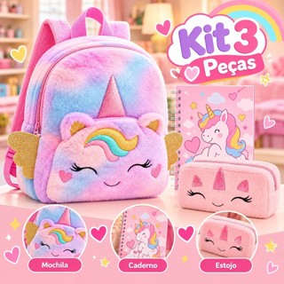 KIT Presente Natal Infantil Juvenil Mochilinha Fofa + Estojo + Livro de Colorir