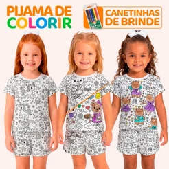 Pijama de Colorir Infantil Menina 100% Algodão Manga Curta Estampa de Colorir Roupa Criança Verão Criativo Conforto L06