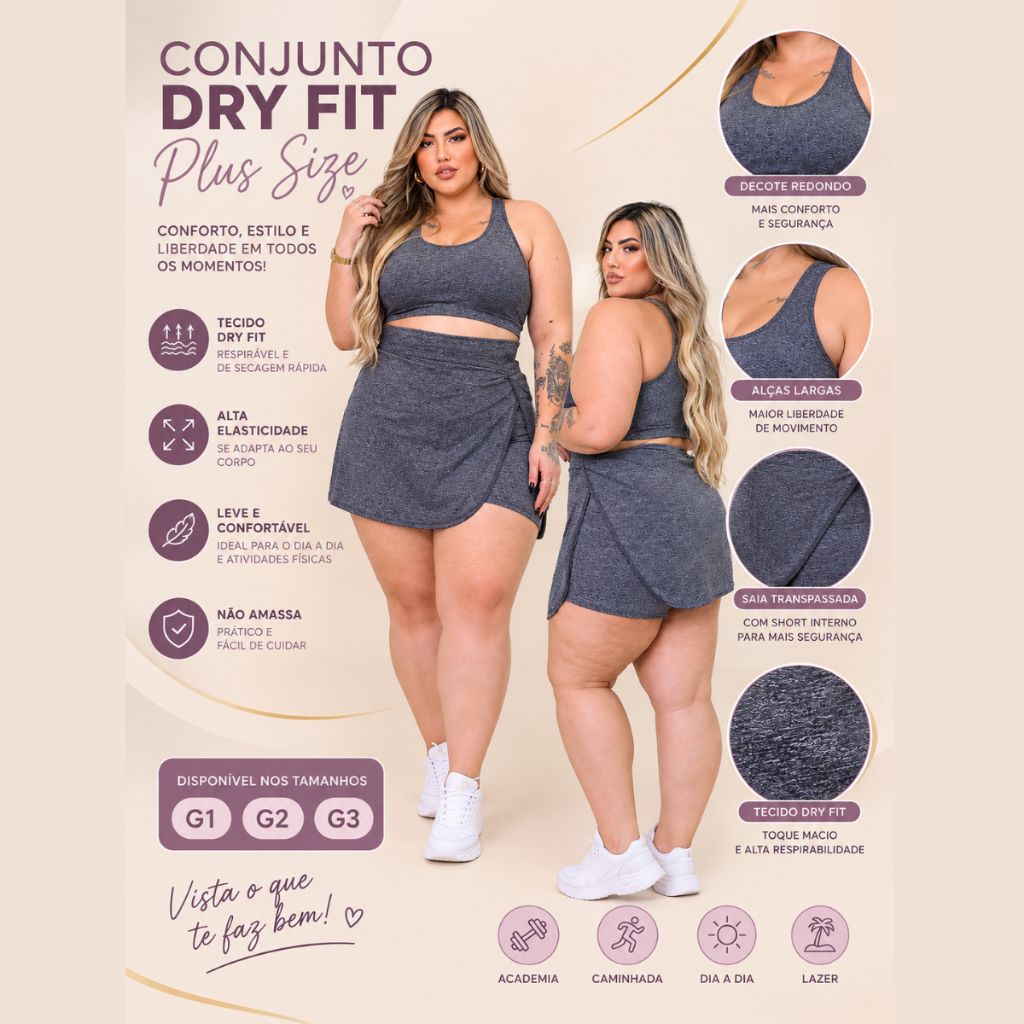 Conjunto Short Saia e Top Plus Size Dry Fit G1 G2 G3 Fitness Academia Zero Transparência Treino · foto 2