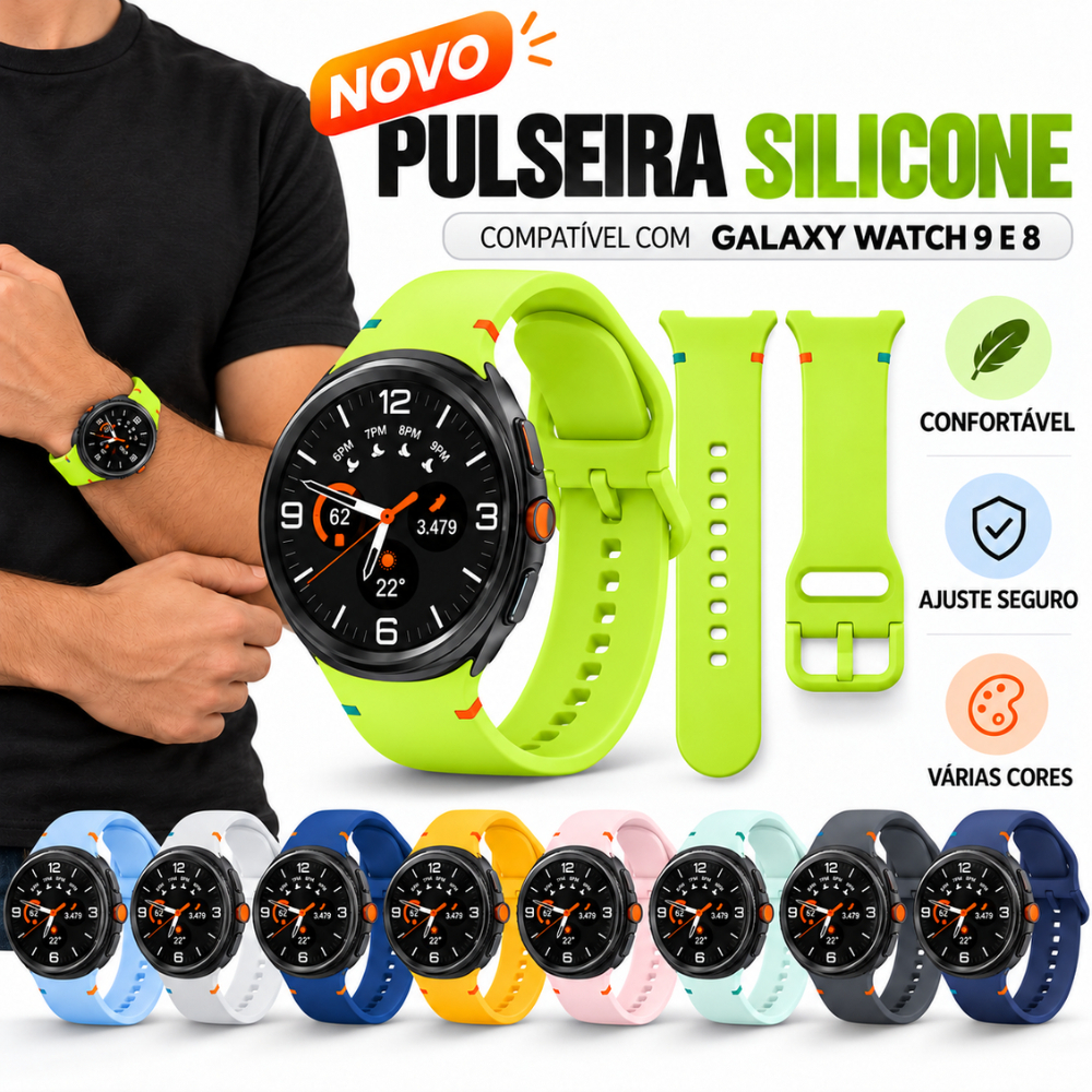 Pulseira Premium de Silicone Para Smartwatch Samsung Galaxy Watch 9 8 44mm 40mm