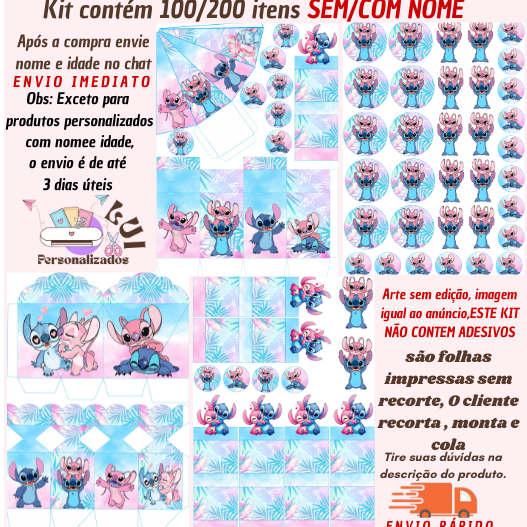 KIT COM 200/100 ITENS LEMBRANCINHAS S/COM NOME TEMA: STITCH E ANGEL AQUARELA   (Envio Rápido)