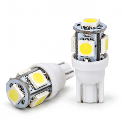 Par de Lâmpadas LED T10 Pingo Torre 5 LEDs Branco Frio 6000K 12V para Lanterna Placa e Luz Interna Automotiva
