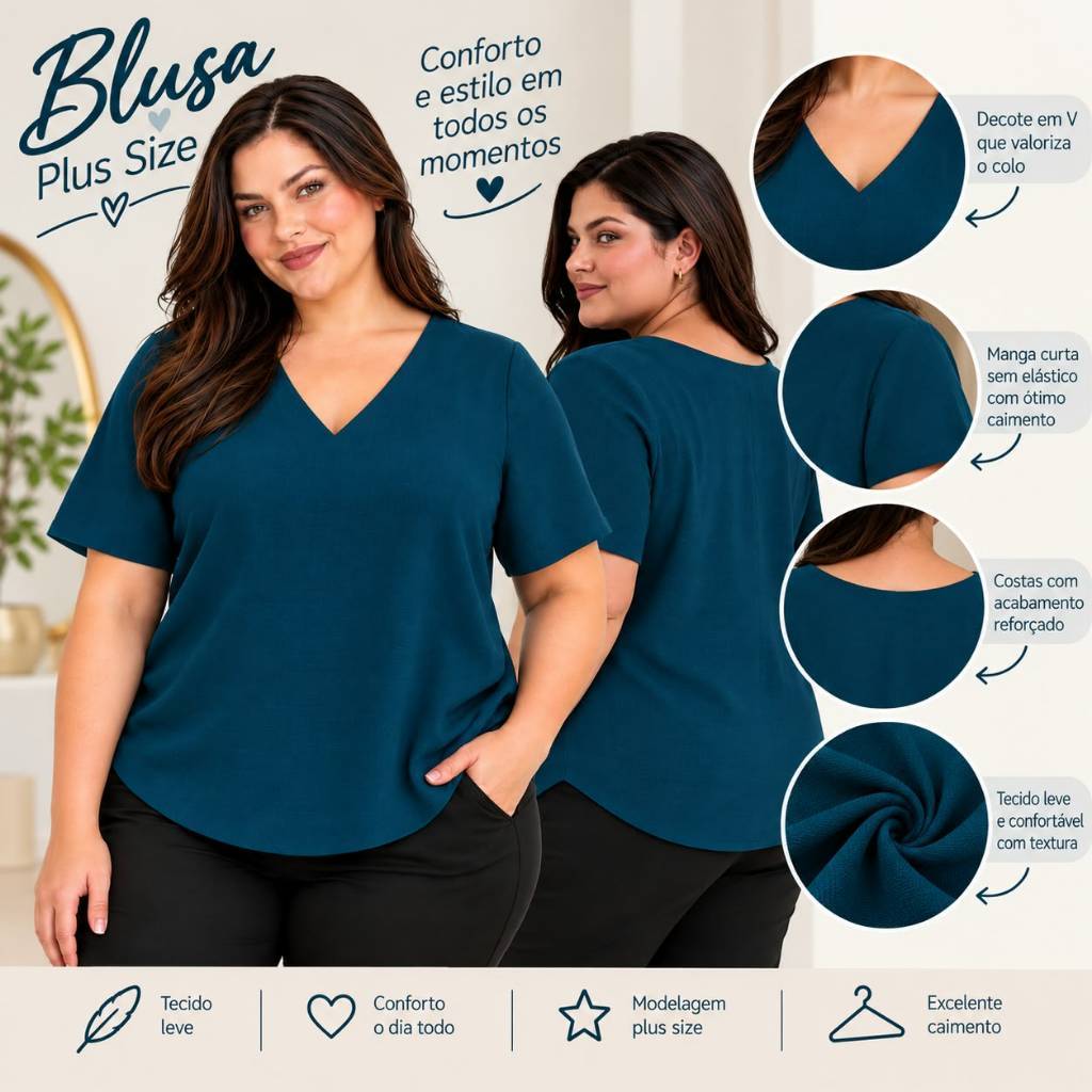 Blusa Plus Size Duna Crepe Femenina Camiseta Gola V Manga Cuta Lisa