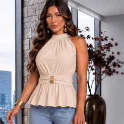 Blusa Feminina Poá Gola Alta Sem Manga Peplum com Faixa e Fivela Elegante