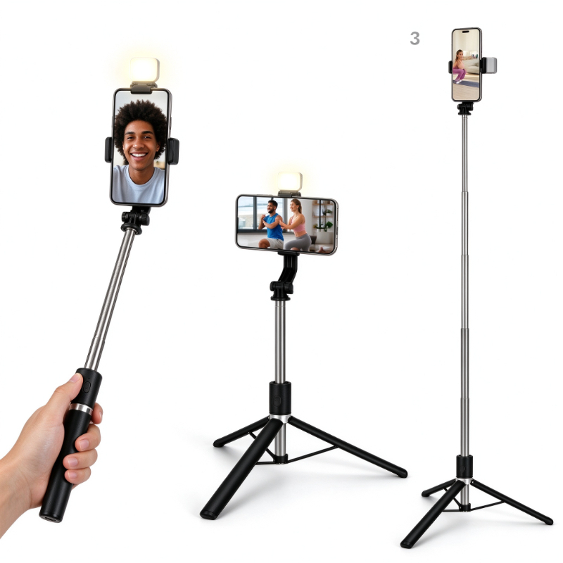 Bastão de Selfie Tripé 1,70m com Luz LED e Controle Remoto Bluetooth 360° para Celular TikTok YouTube Live