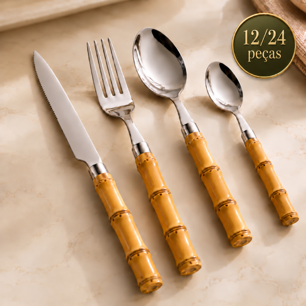 Jogo de Talheres 12 ou 24 Peças Inox Cabo Bambu Faqueiro Completo Garfos Colheres Facas Luxo