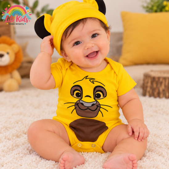 Body Temático Bebê Rei Leão + Touca Mesversario